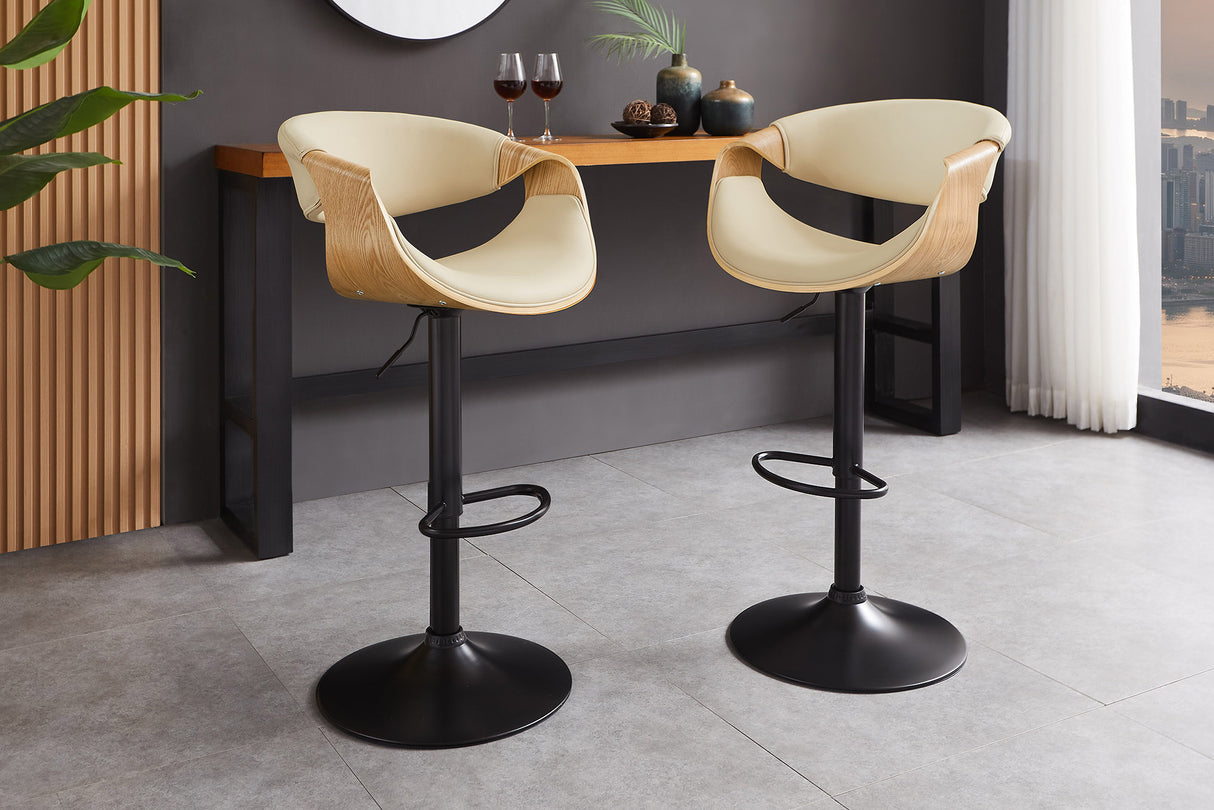 Bar stool ORGANIC 89-100cm rotatable w/ armrests artificial leather creamy beige and oak wood look