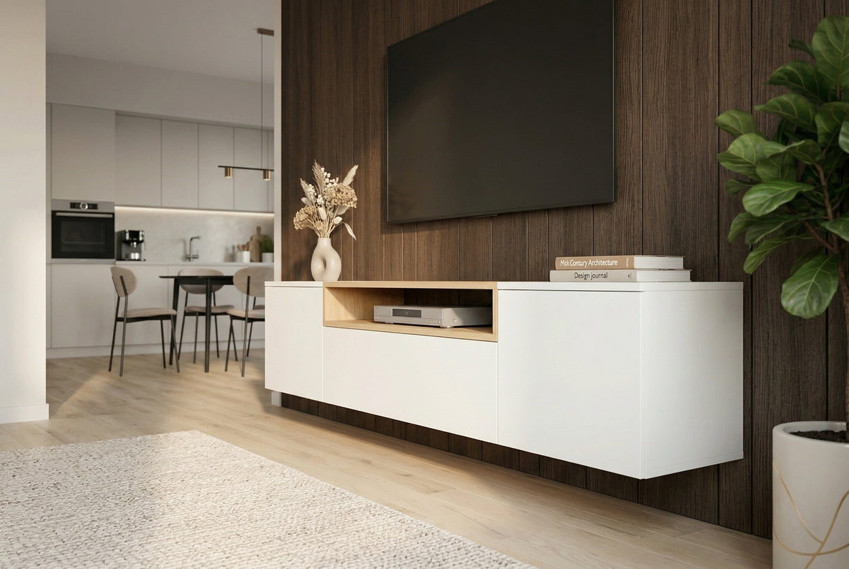 TV-Wand LOFT 160 cm hängend weiß natur