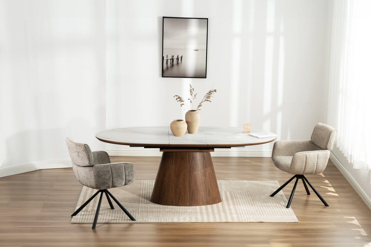 Dining table UNIQUE 160-200cm extendable dark walnut wood look white ceramic marble top