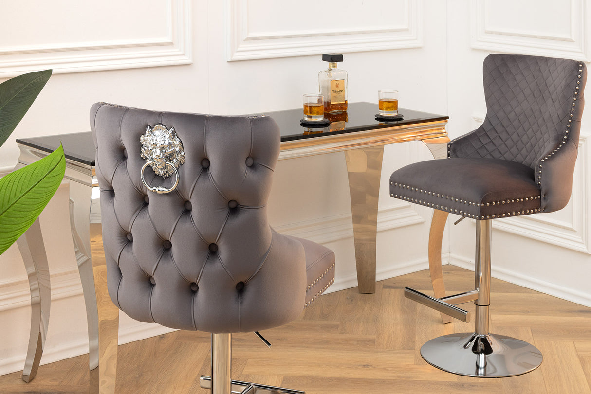Bar stool CASTLE height adjustable w/ lion´s head handle velvet grey in baroque style