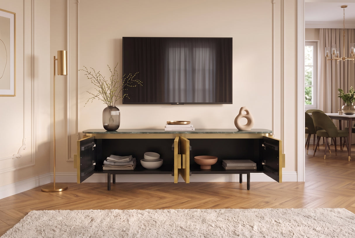 TV-Board VENEZIANO 160cm Mangoholz und Marmorplatte grün braun