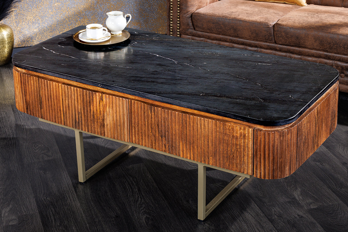 Coffee table GATSBY 110cm retro style mango wood gold marble top black