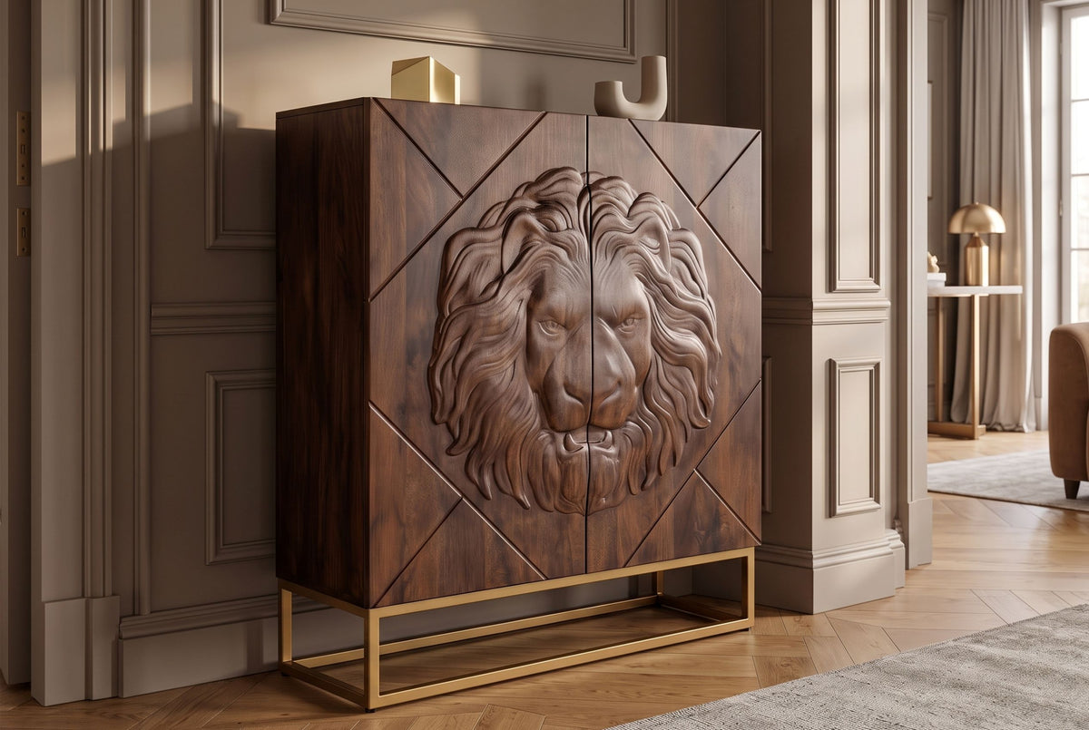 Highboard LION 120cm 3D lion front mango wood brown w/ gold metal frame