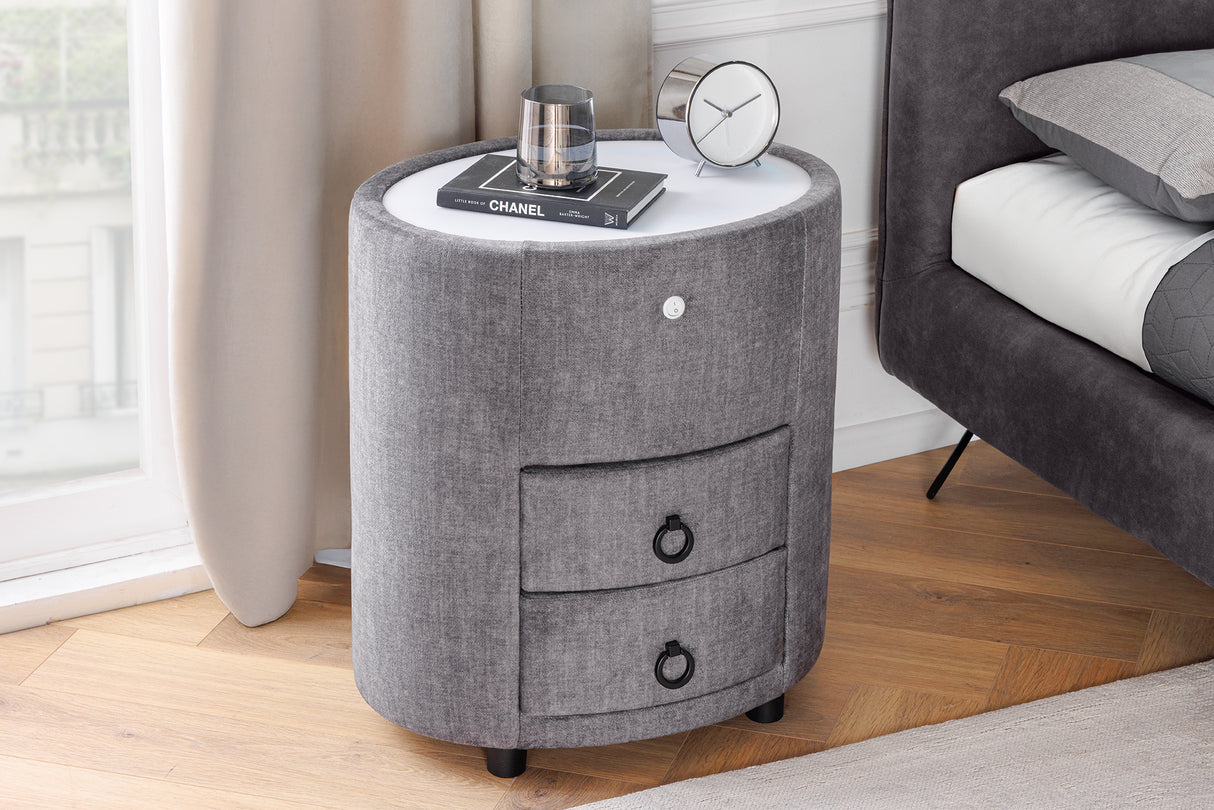 Bedside table SIGNUM oval w/ LED light 55cm velvet grey