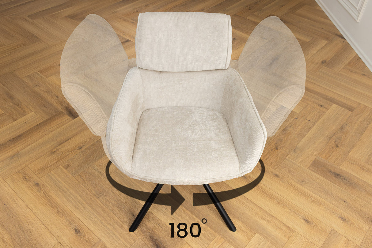 Drehstuhl UNIQUE 180° mit Armlehnen Chenillestoff champagnerbeige und schwarzen Beinen