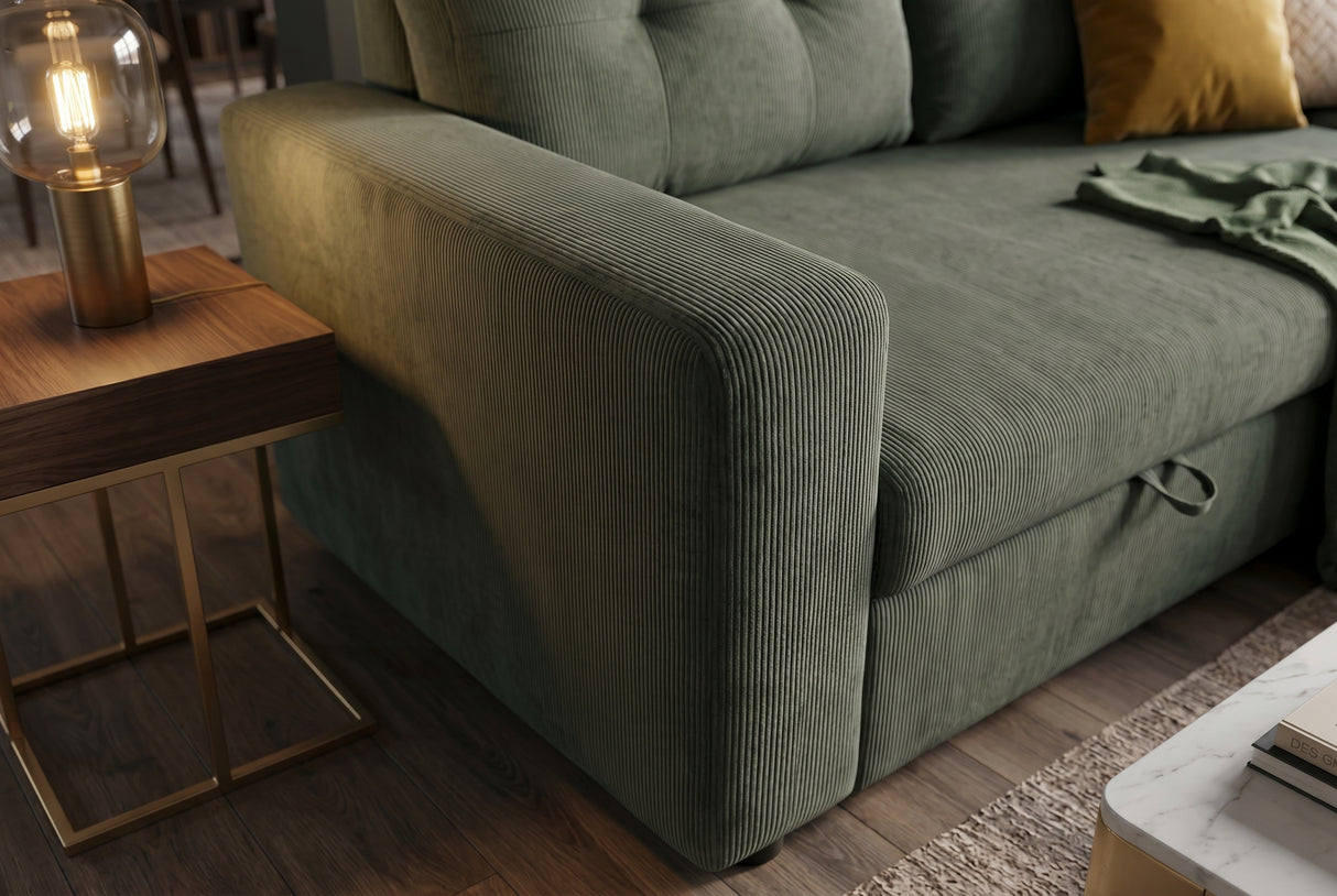 Ecksofa APARTMENT 205cm 3-Sitzer mit Ottomane und Stauraum Samt grün