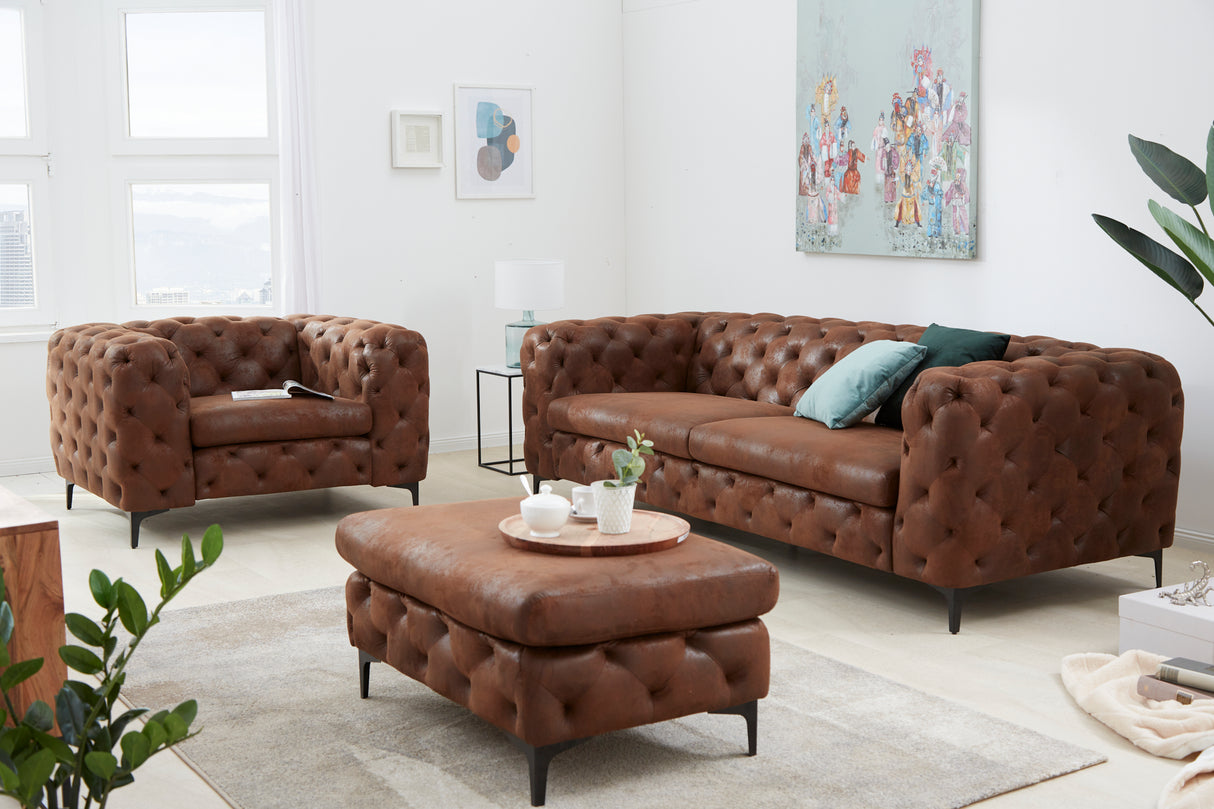 Sofa MODERN BAROCK 240cm 3-seater microfibre antique brown in chesterfield style