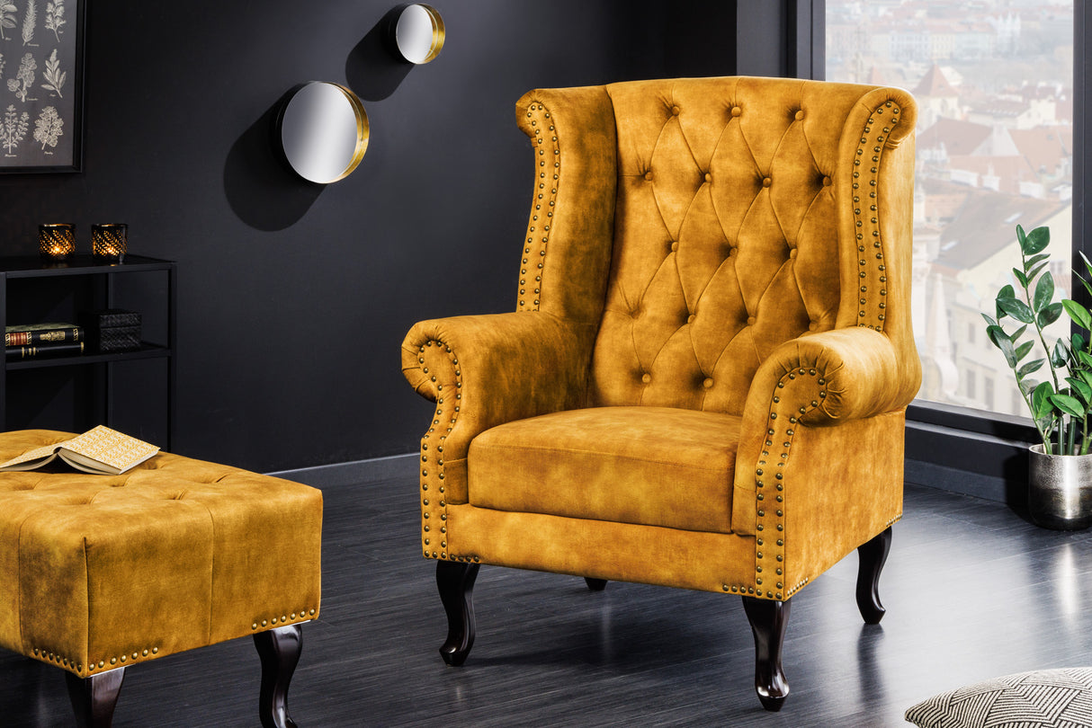 Ohrensessel CHESTERFIELD Antik-Look Samt senfgelb
