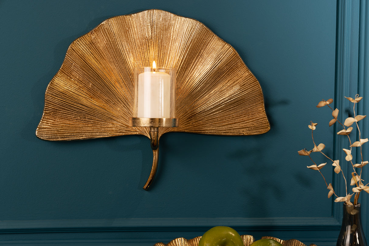 Wall decoration candleholder GINKGO gold