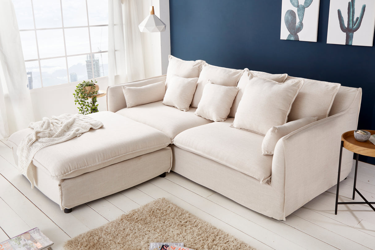 Stool HEAVEN 100cm removable cover textured fabric linen natural