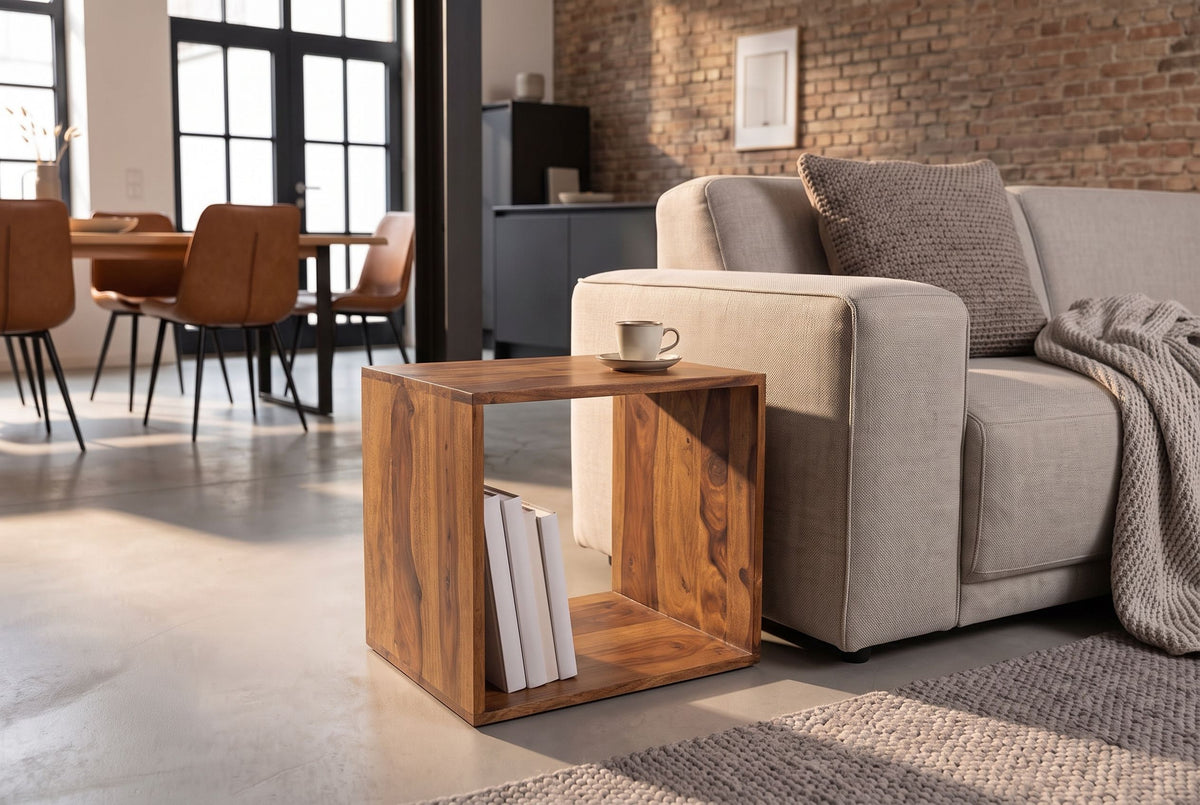 Side table MAKASSAR 45cm w/ open storage compartment sheesham wood brown stone finish