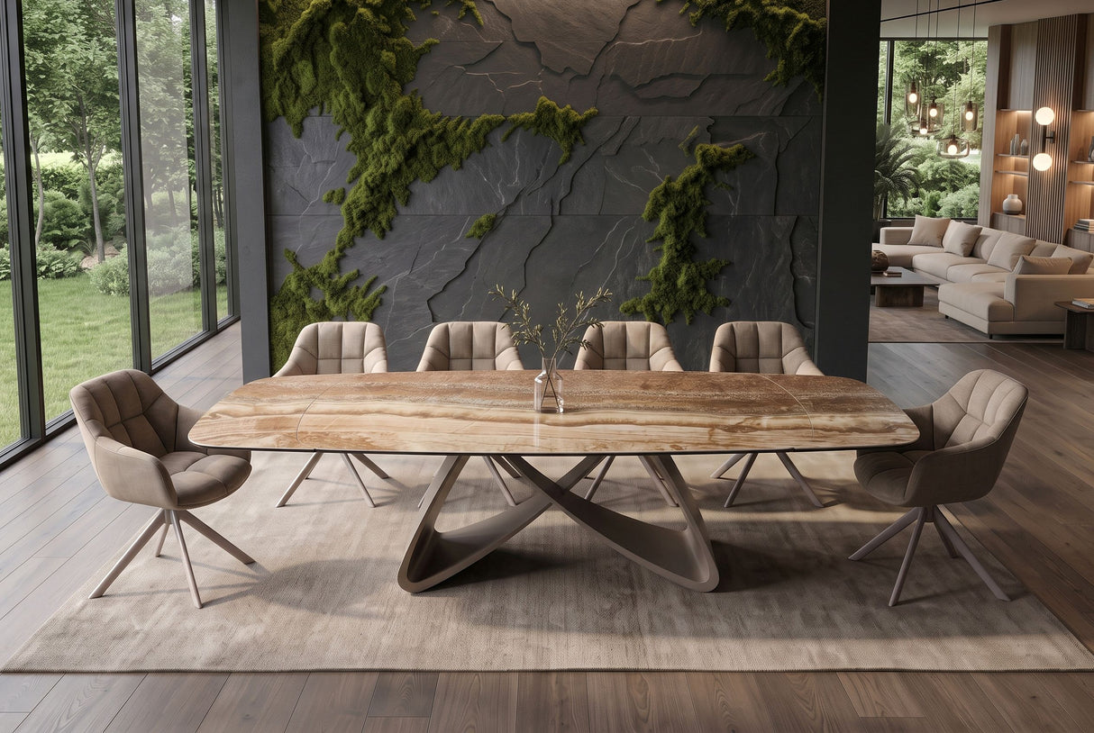 Dining table INFINITY 180-220-260cm boat-shaped extendable spanish onyx ceramic rust brown