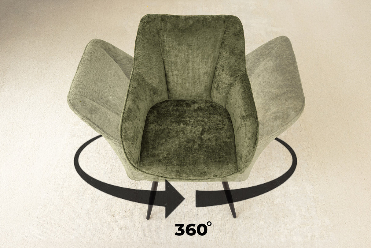 Drehstuhl AVIGNON 360° mit Armlehnen Chenillestoff grün und schwarze Beine