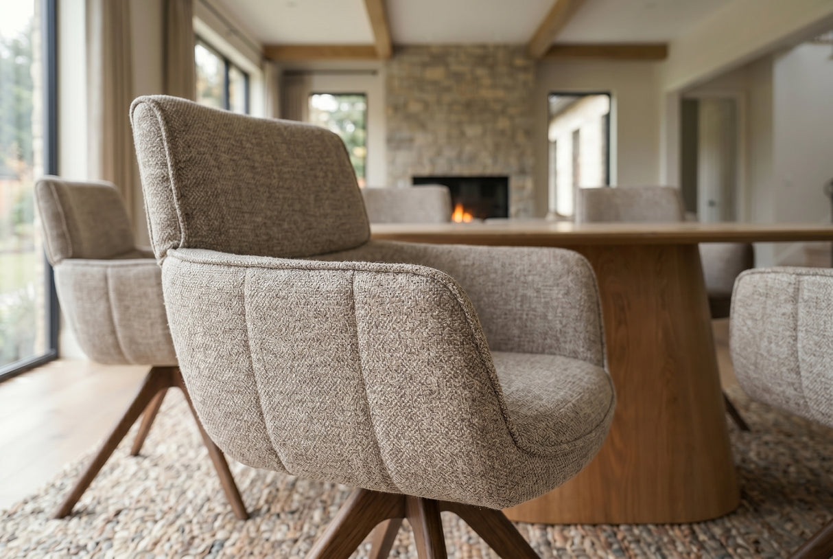 Drehstuhl UNIQUE 180° Auto-Rückstellung mit Armlehnen Strukturstoff taupe beige braun