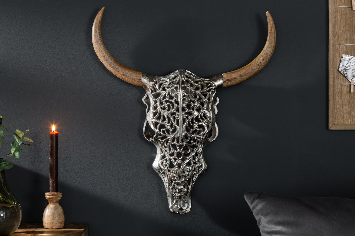 Wanddeko Totenkopf EXOTIC BULL 57cm silber Mangoholz Hörner