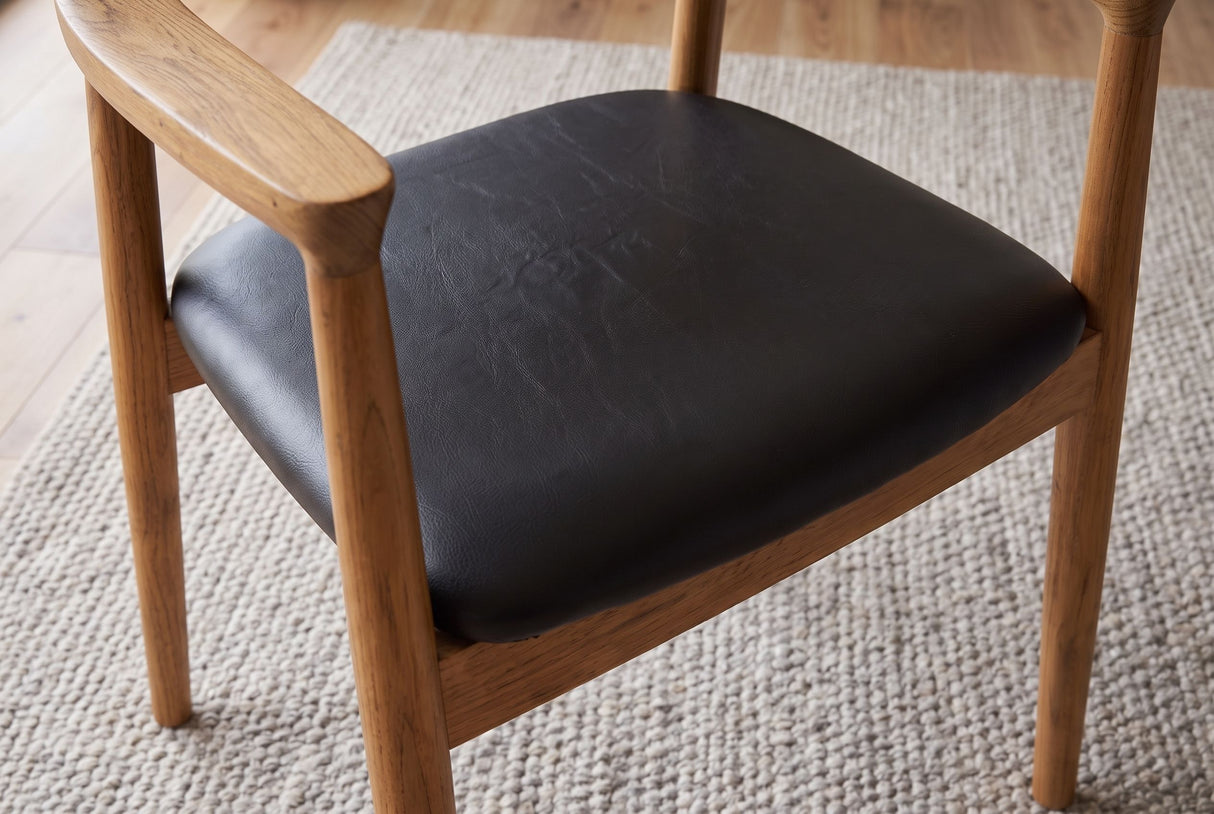 Chair KENNEDY w/ armrests artificial leather black and teak wood natural