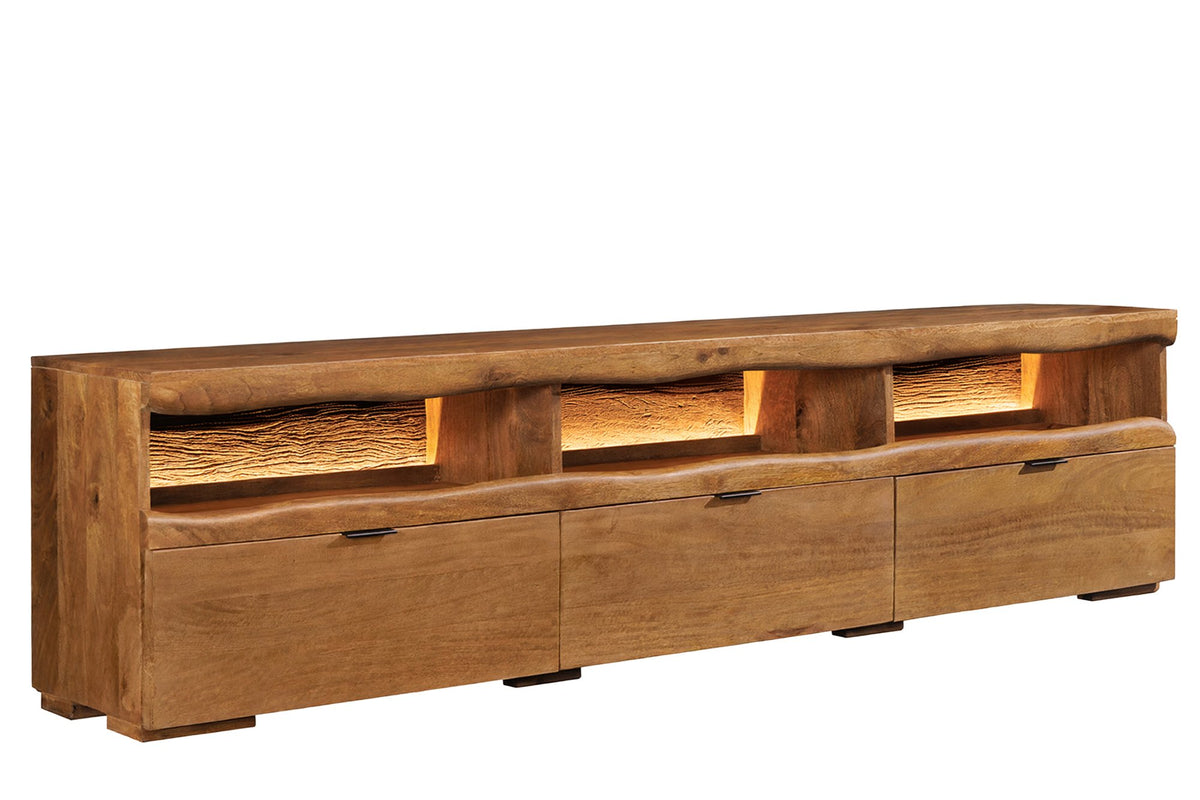 TV-Board GRAND MANGO 180cm offene Fächer mit fernbedienbarer LED-Beleuchtung Mangoholz braun