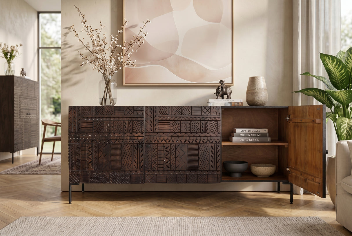 Sideboard TRIBAL 180cm 3D Antik-Look Mangoholz dunkelbraun
