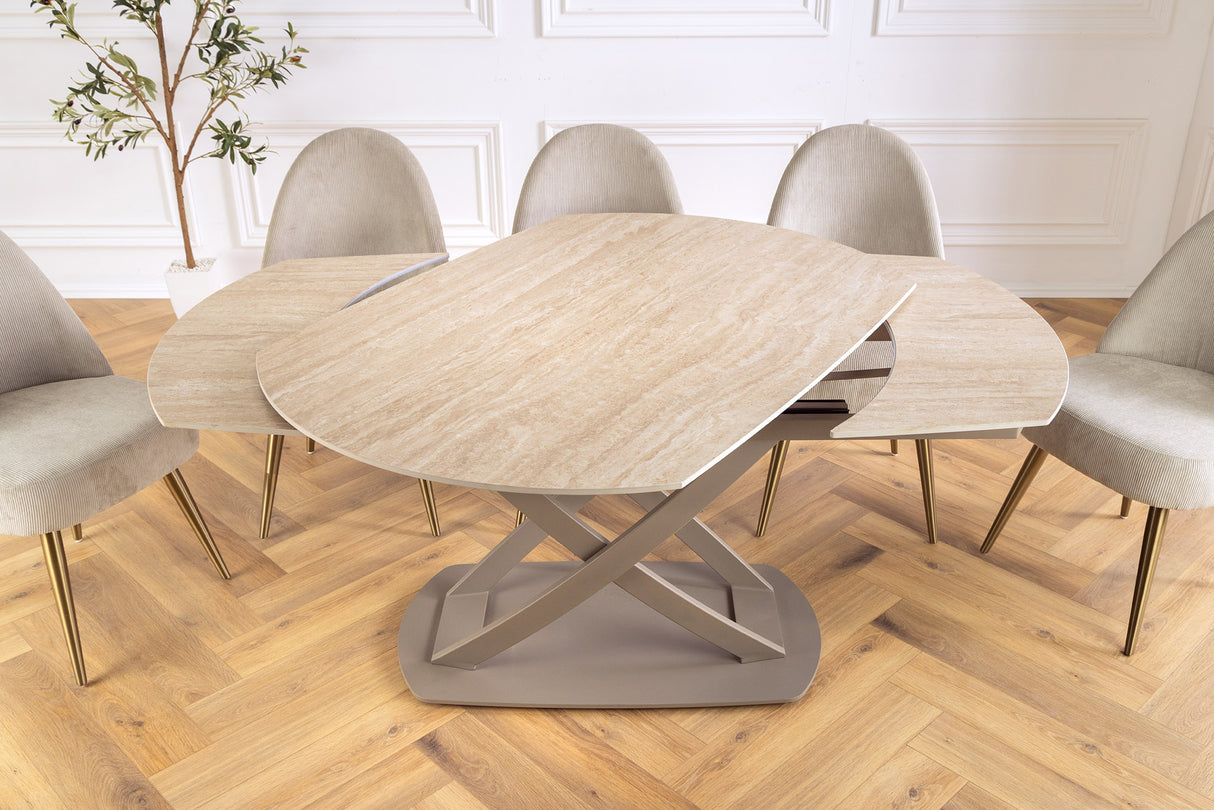 Dining table INCEPTION 130-190cm extendable w/ champagne greige rack ceramic top travertine