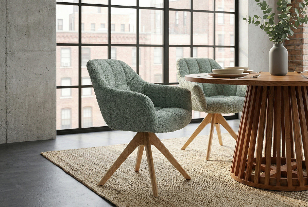 Swivel chair PAPILLON rotatable 180° sage green bouclé w/ armrests oak look legs
