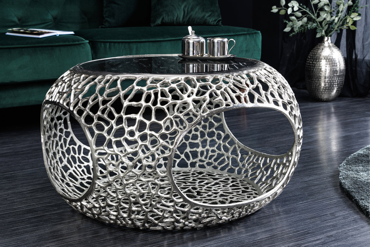 Couchtisch SPIN 40cm gehärtetes schwarzes Glas silberne Basis