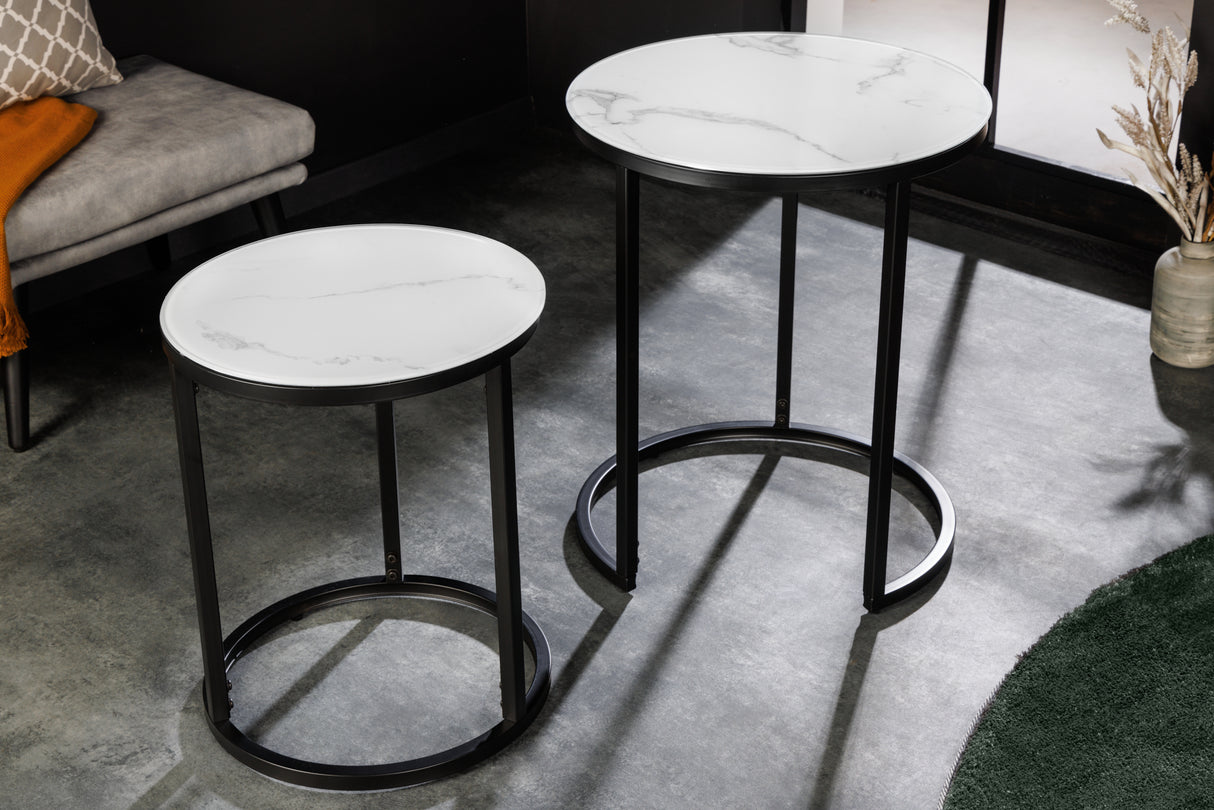 Side table ELEGANCE Ø 50-60cm round set of 2 marble look white black frame