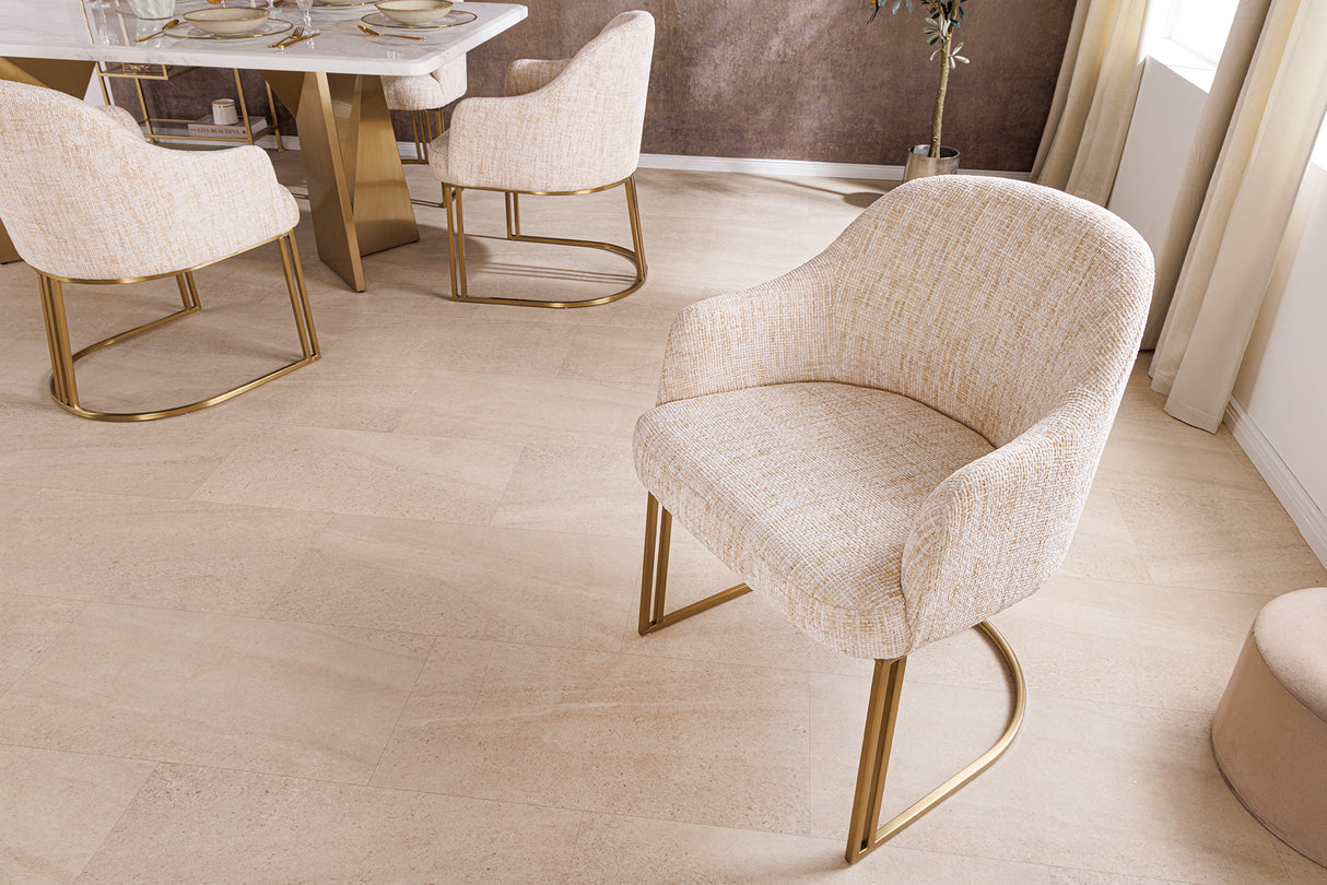 Chair EXTRAVAGANCIA beige chenille fabric w/ armrests and champagne golden frame