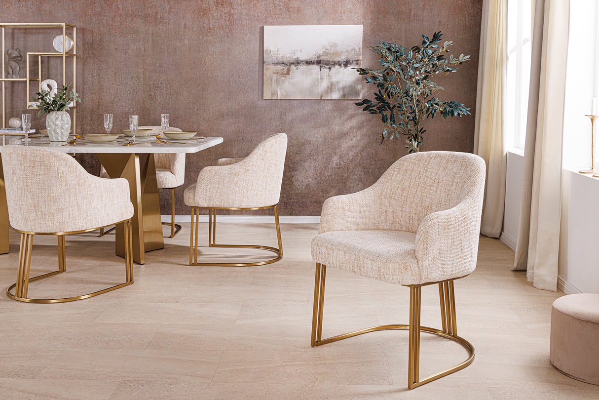 Chair EXTRAVAGANCIA beige chenille fabric w/ armrests and champagne golden frame