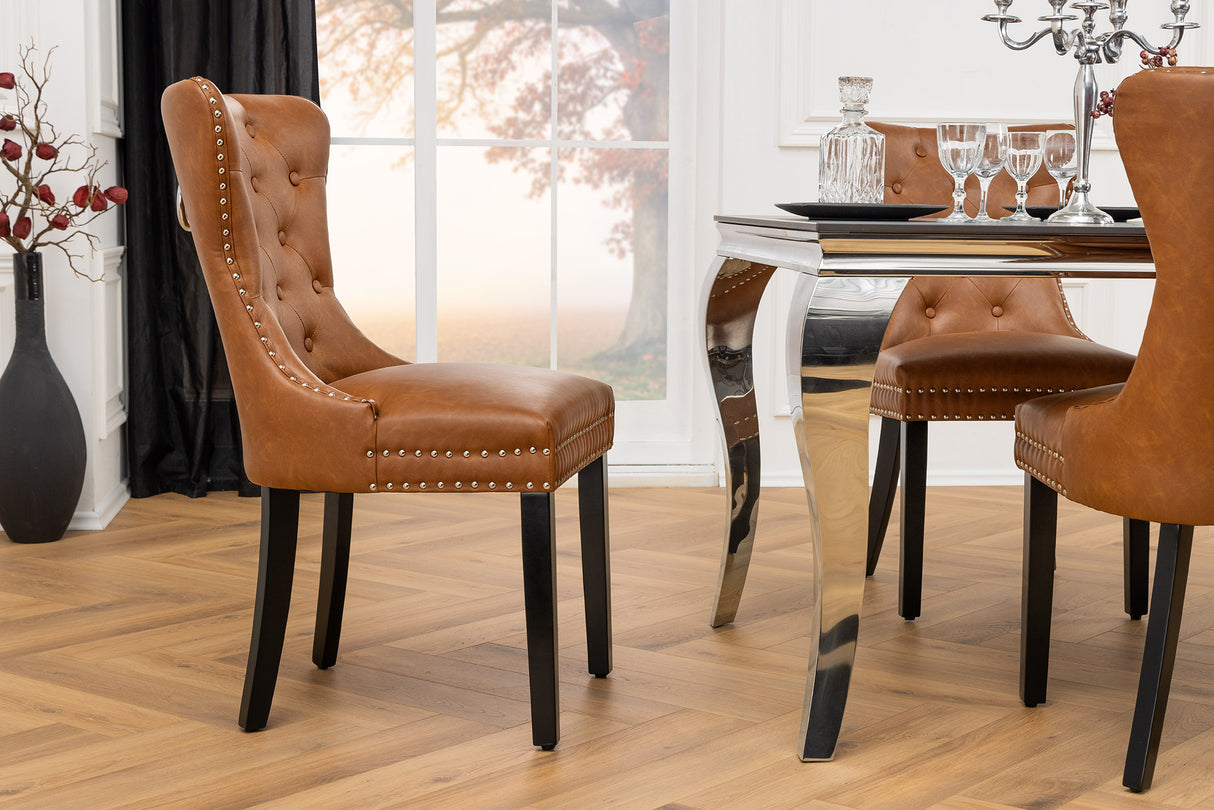 Chair CASTLE w/ comfort handle artificial leather cognac brown in chesterfield style