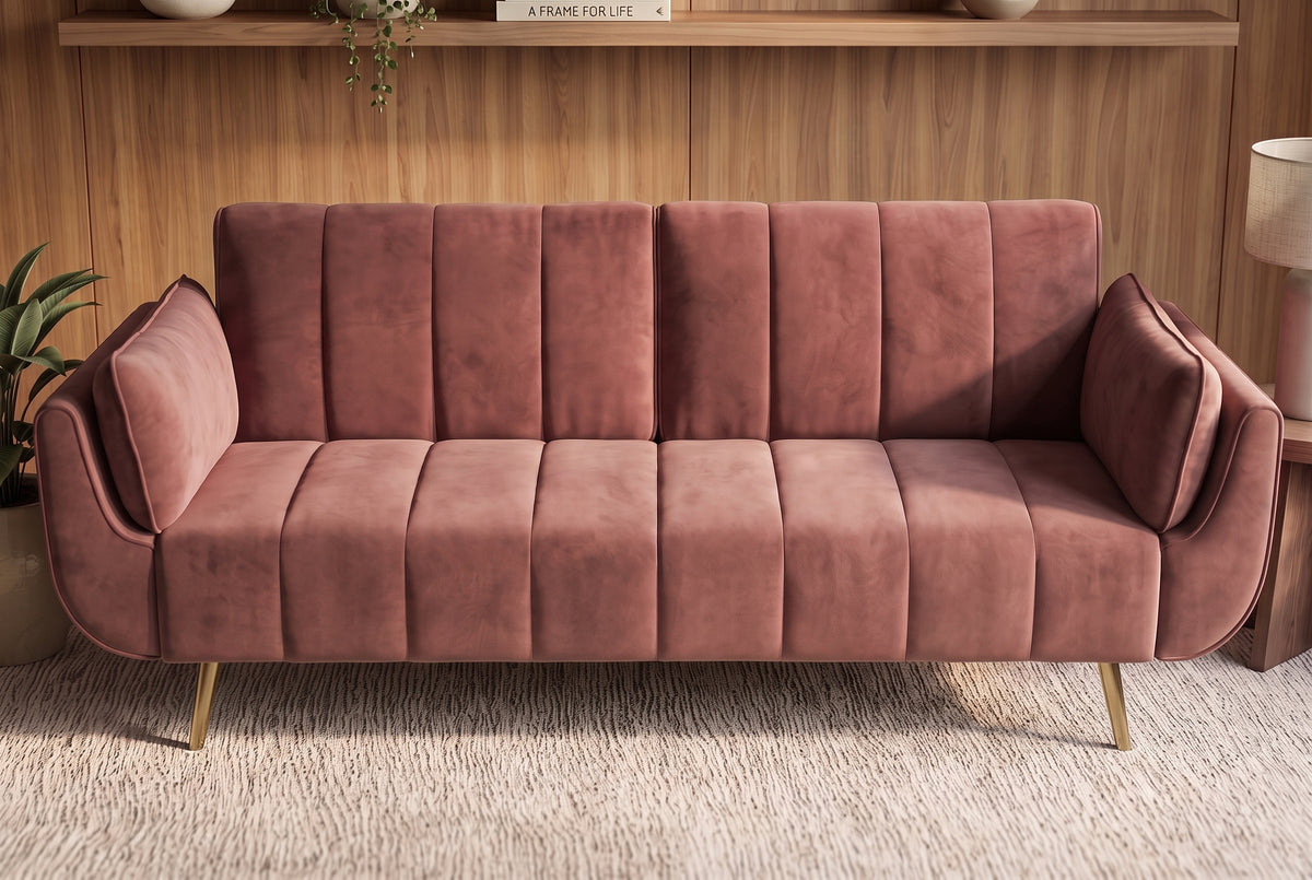 Schlafsofa DIVANI 220cm mit Armlehnenkissen Samt altrosa Metallfüße gold