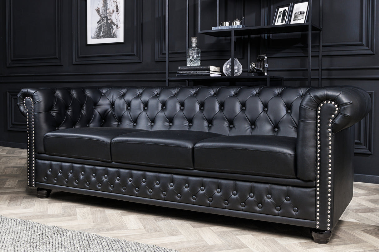 Sofa CHESTERFIELD 205cm 3-Sitzer Kunstleder Antik-Look schwarz