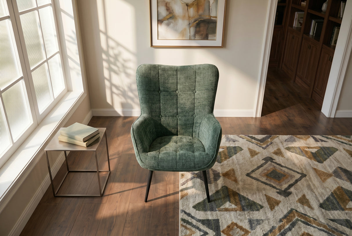 Sessel SCANDINAVIA mit Armlehnen und schwarzen Metallbeinen Chenille-Gewebe grün