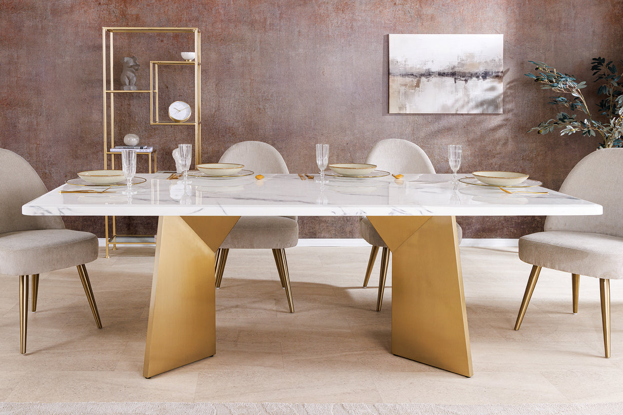 Dining table EXTRAVAGANCIA 200cm w/ champagne golden legs white marble top