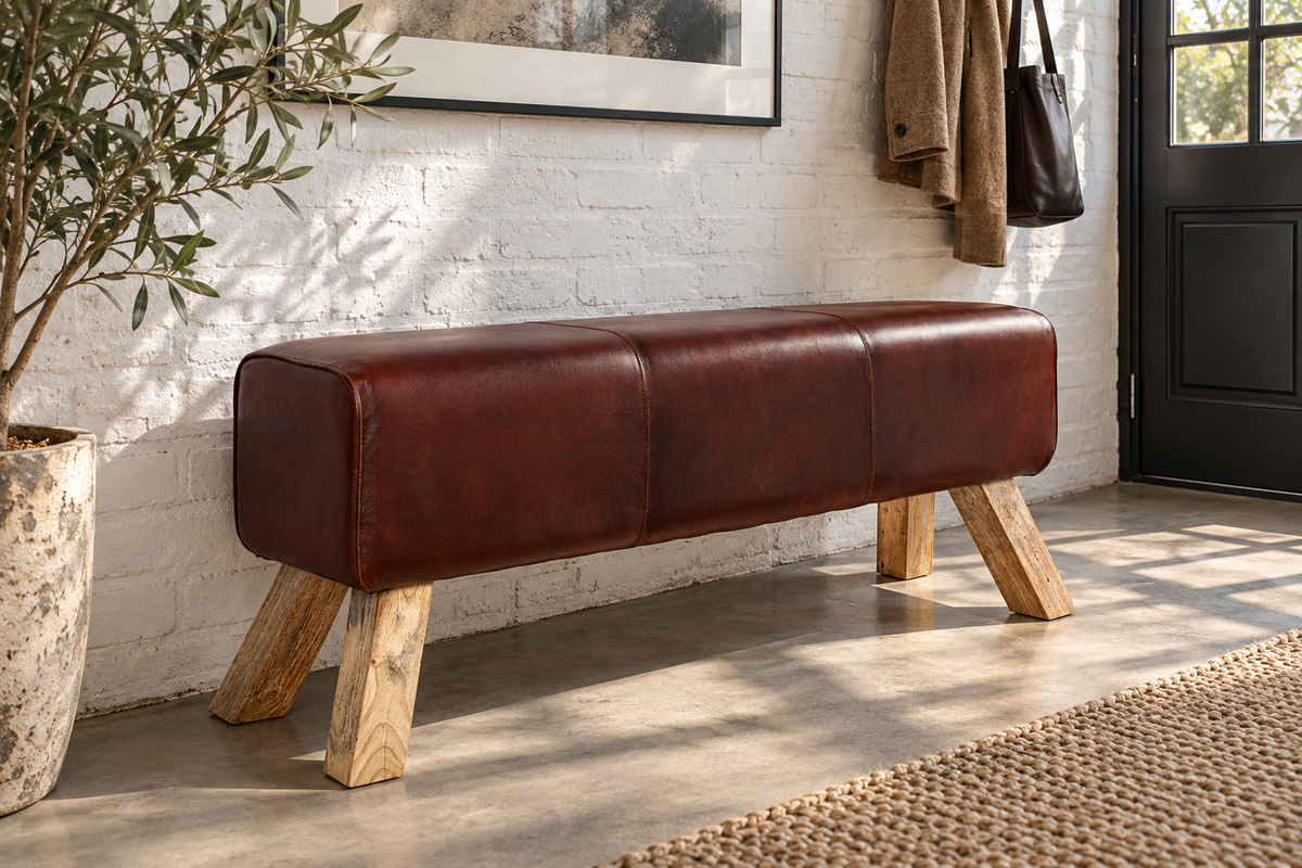Bench TURNBOCK 120cm upholstered seat mango wood natural genuine leather coffee brown