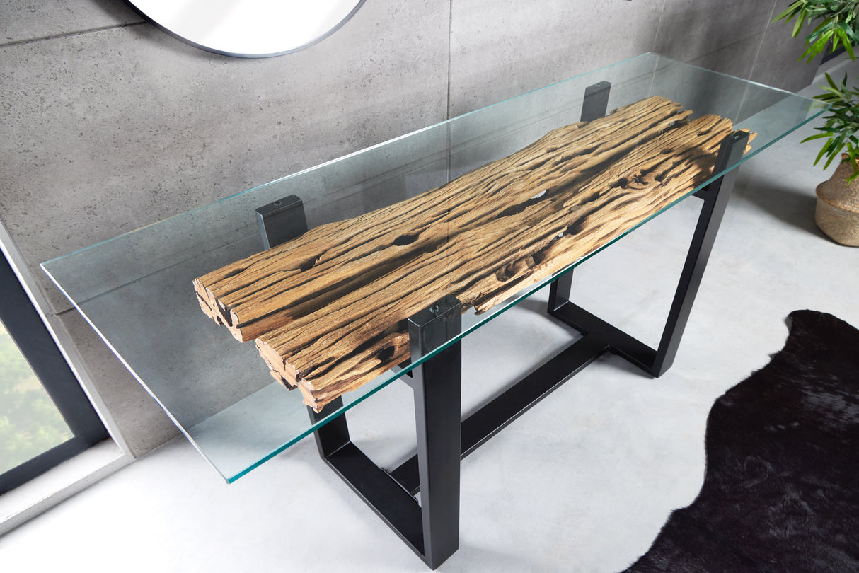 Console BARRACUDA 150cm recycled teak wood with tempered glass plate