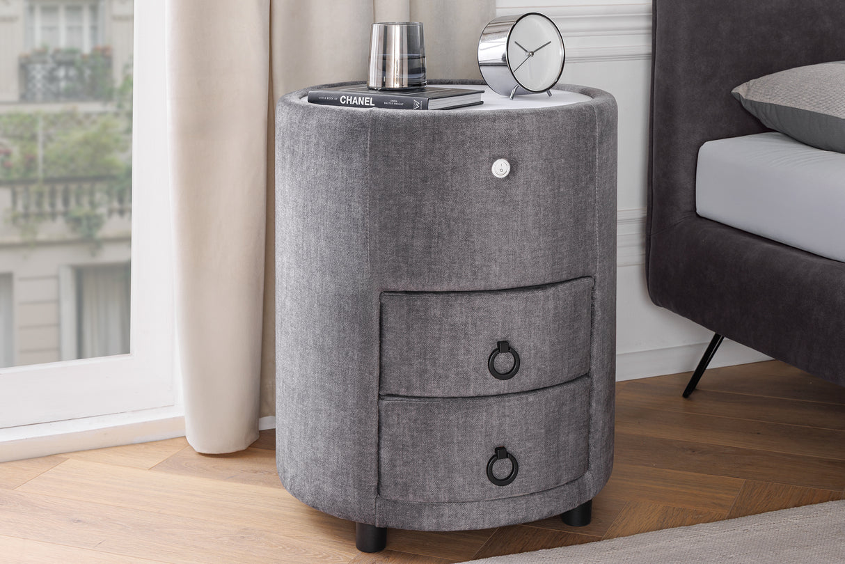 Bedside table SIGNUM round w/ LED light 55cm velvet grey