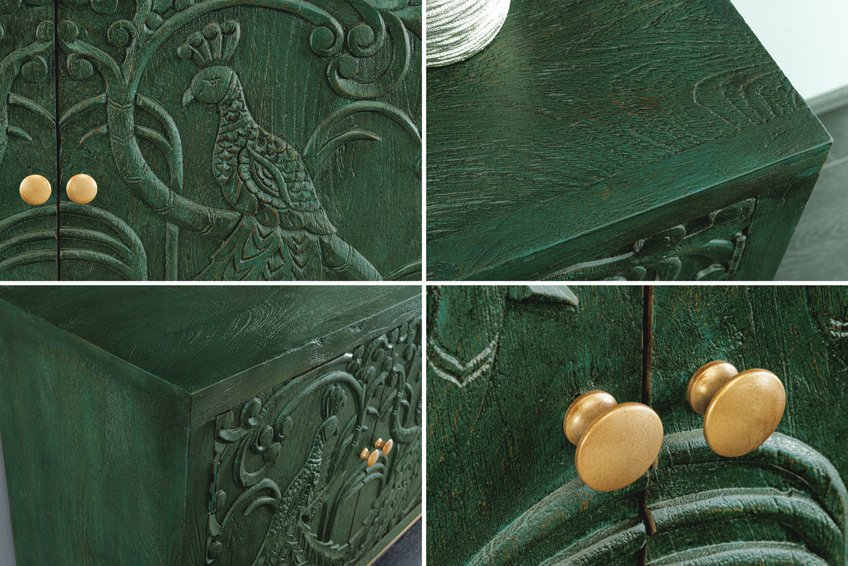Sideboard PEACOCK 175cm 3D Mangoholz Antik-Look dunkelgrün gold handgefertigt