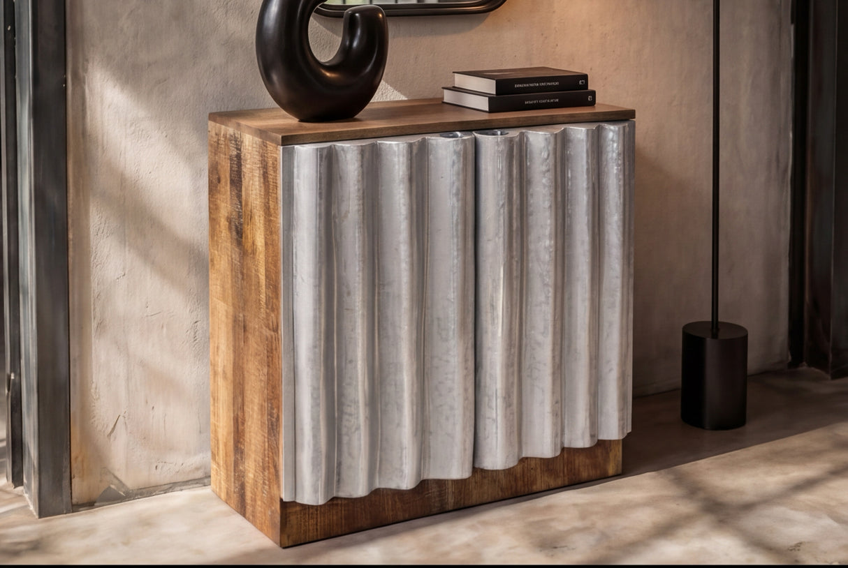 Sideboard ZALVERO 75cm Mangoholz Aluminiumfront naturfarben silber