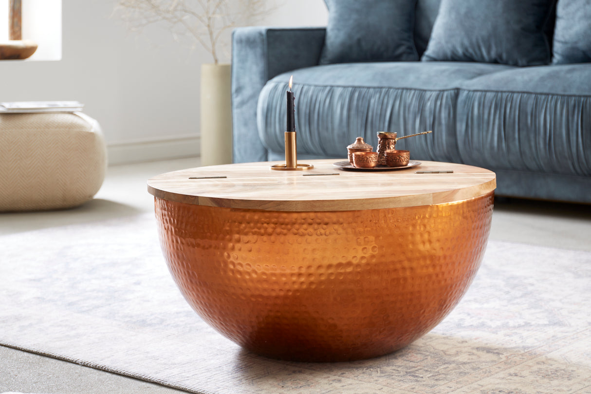 Coffee table ORIENT STORAGE 60cm hammer stroke effect copper