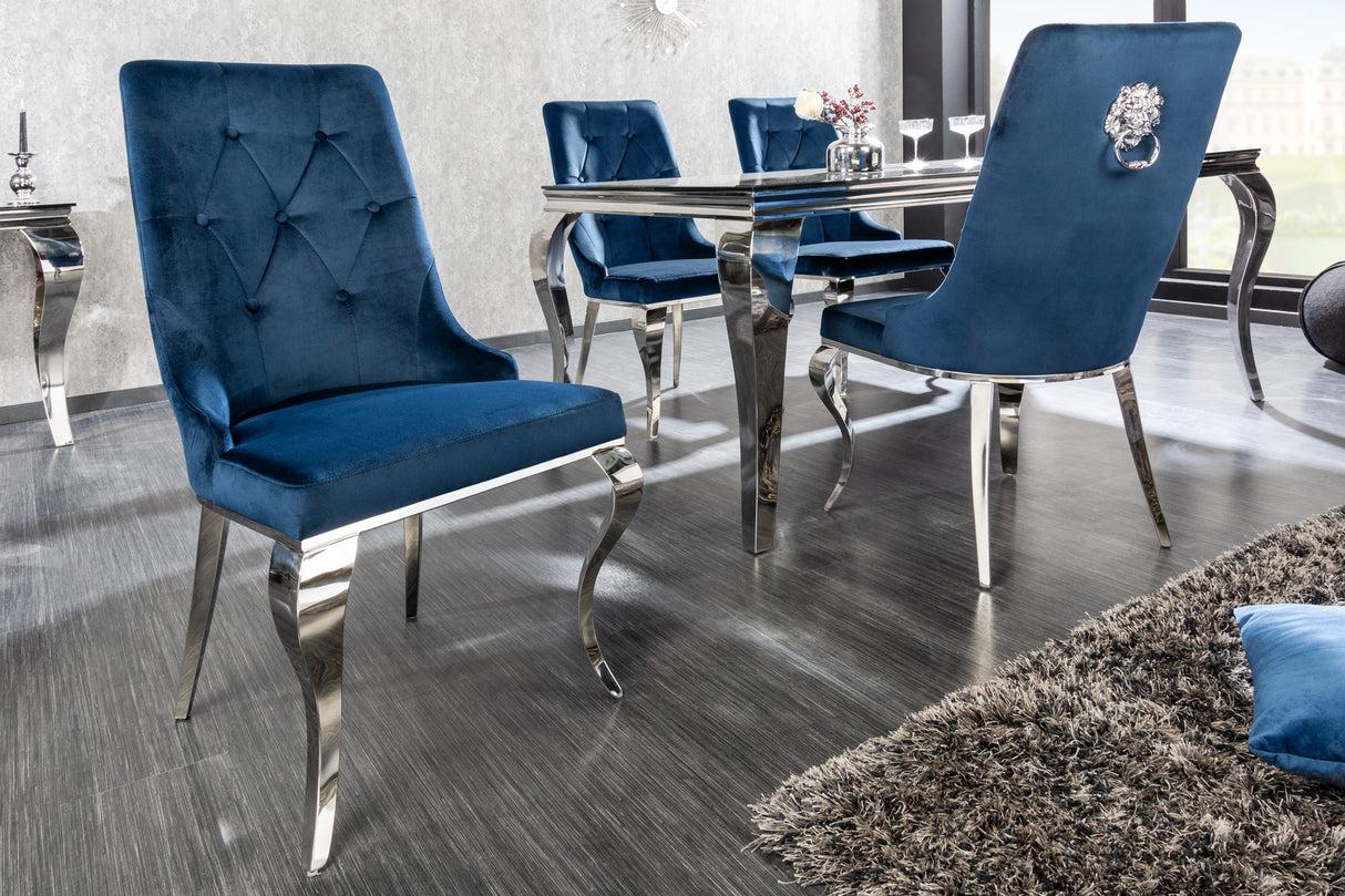 Chair MODERN BAROCK w/ silver legs and lion's head velvet royal blue