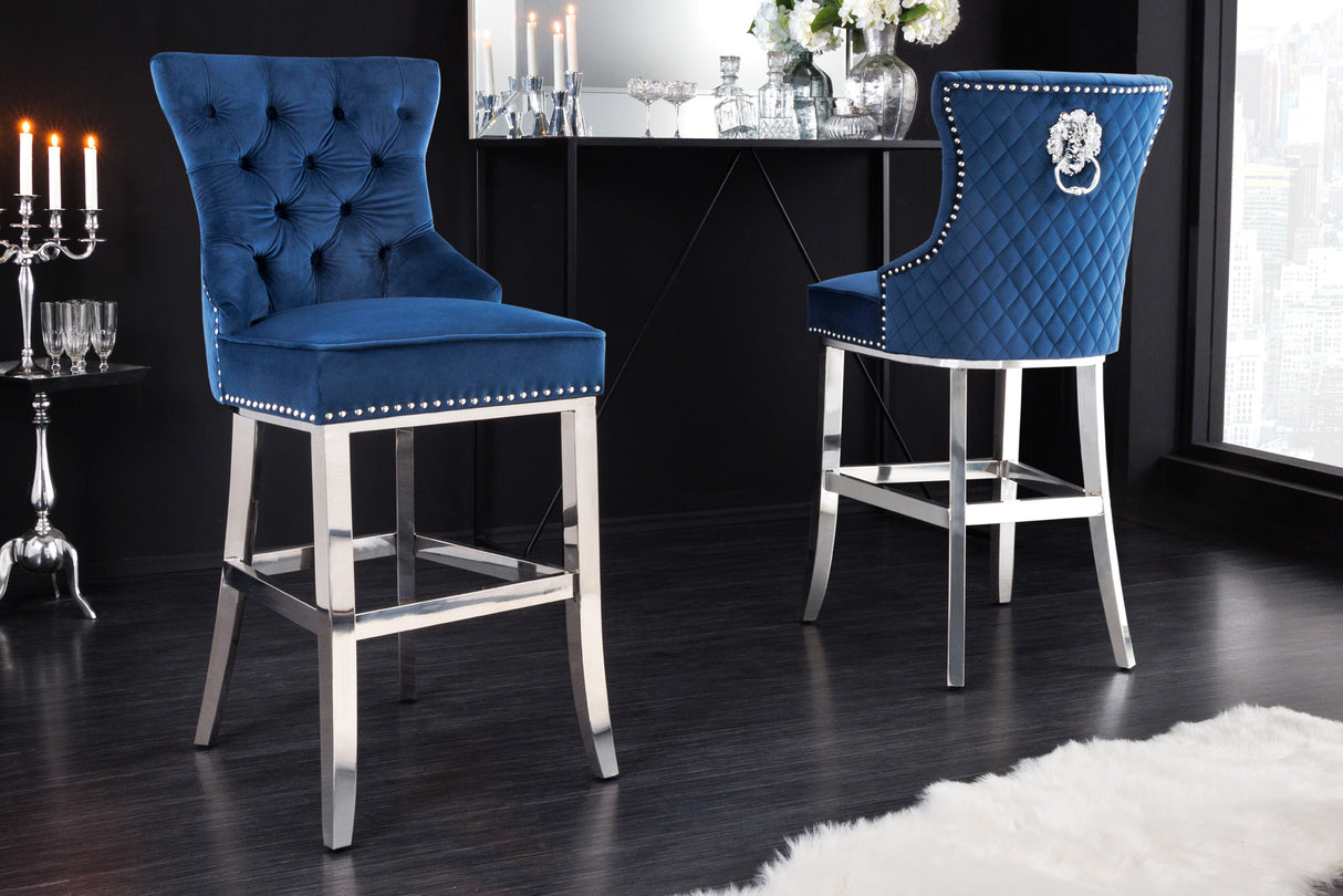 Bar chair CASTLE DELUXE 74cm w/ lion´s head velvet grey in baroque style