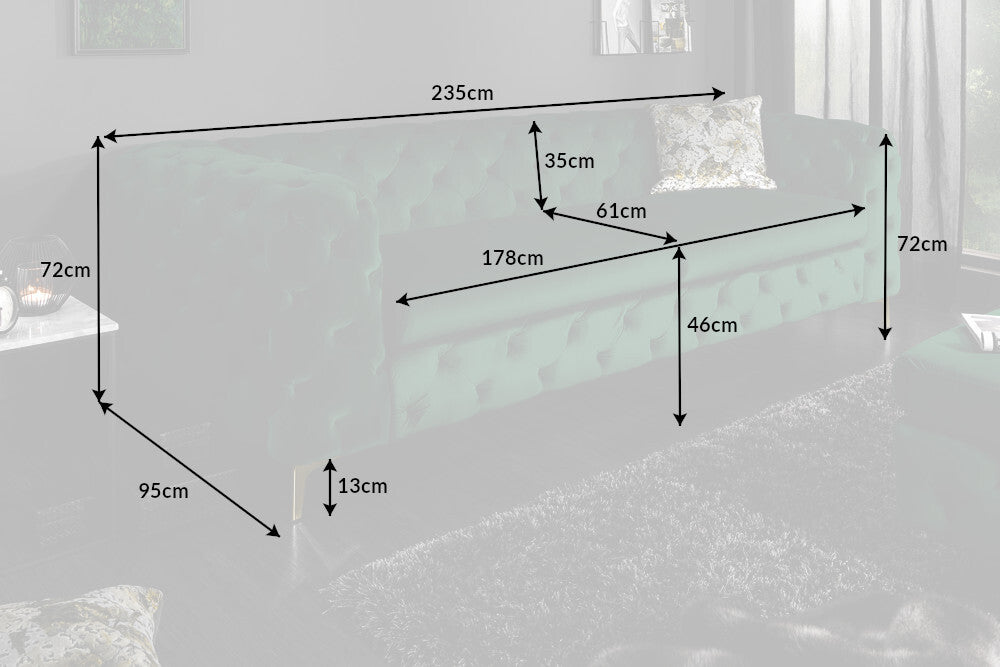 Sofa MODERN BAROCK 240 cm 3-Sitzer Samt Smaragd im Chesterfield-Stil