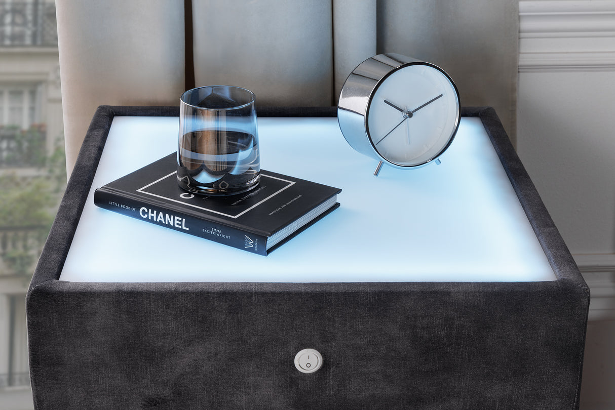 Bedside table PARIS w/ LED light 55cm velvet grey