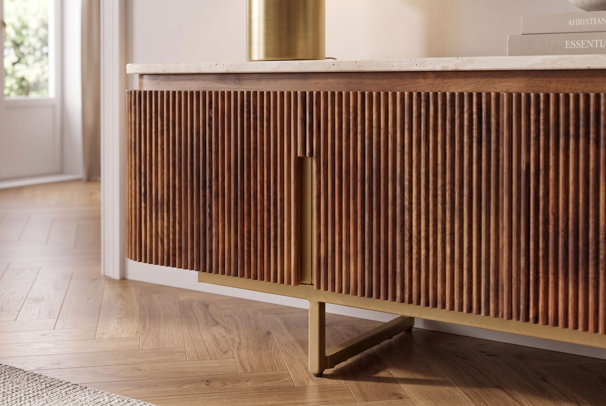 TV-Board GATSBY 160cm retro style mango wood travertine top brown gold