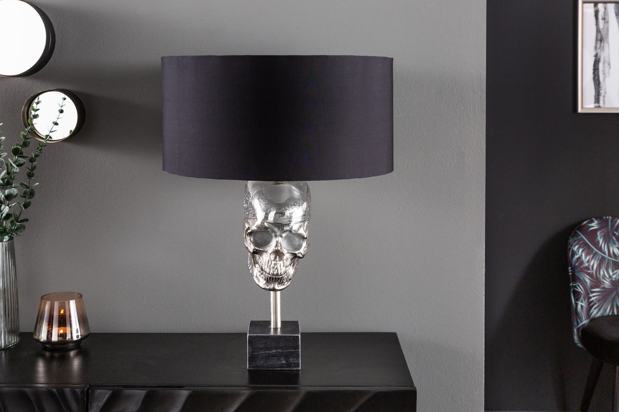Table lamp SKULL 56cm silver cotton shade black / adjustable lampshade