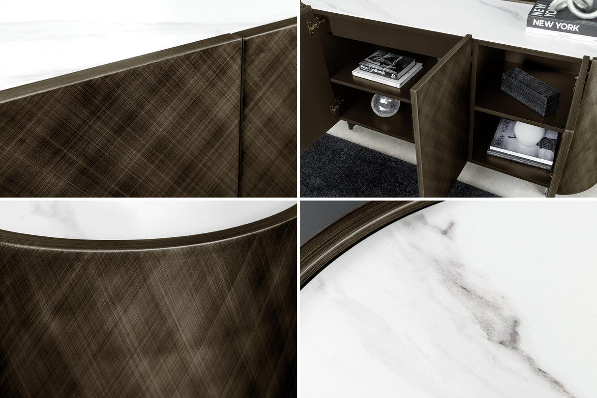 Sideboard REFLECTION 150cm 3D Effekt Bronze mit Keramik Marmorplatte weiß
