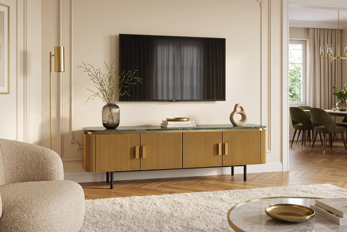 TV-Board VENEZIANO 160cm Mangoholz und Marmorplatte grün braun