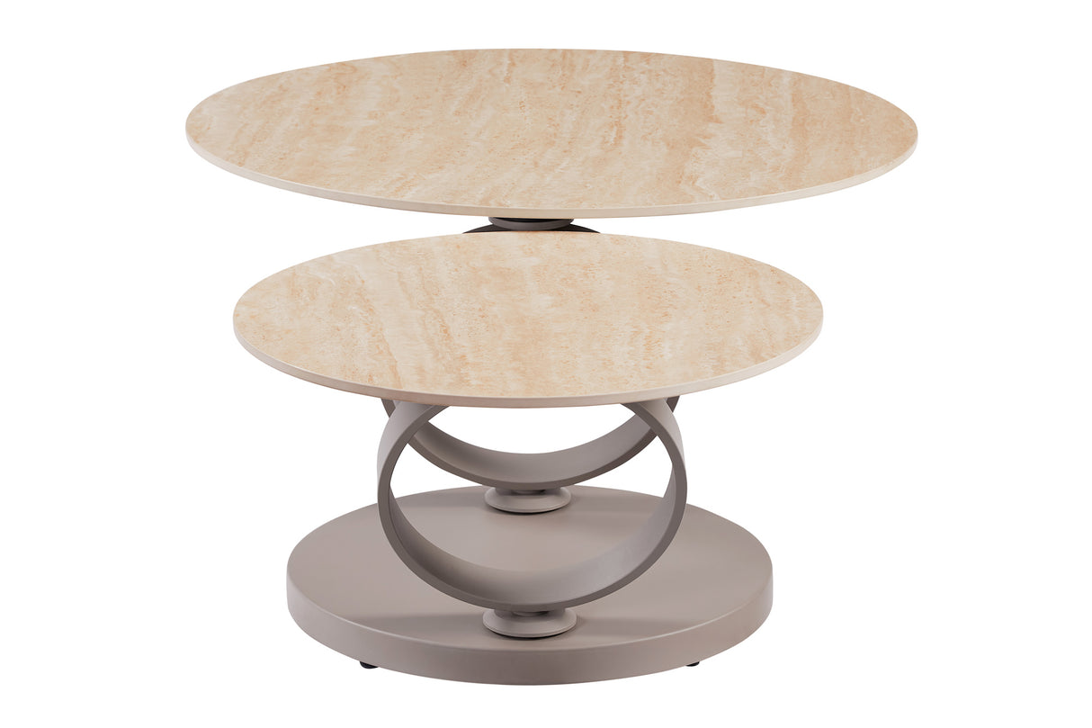 Coffee table DANCING RINGS round rotatable travertine ceramic champagne greige