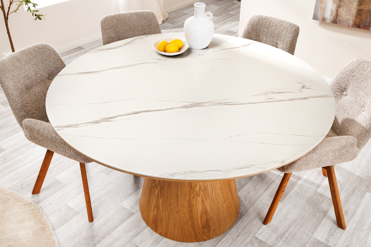 Dining table UNIQUE 120cm round oak wood verneered ceramic white marble top