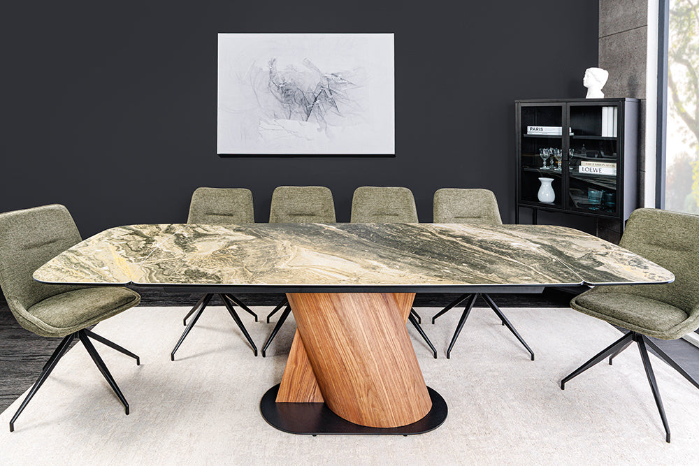 Dining table ELEMENTS 180-260cm extendable walnut frame w/ ceramic top taupe beige marble look